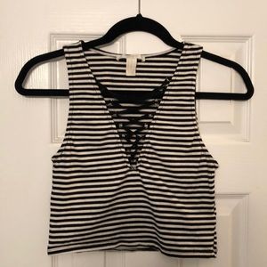 Lace-Up Striped Crop Top